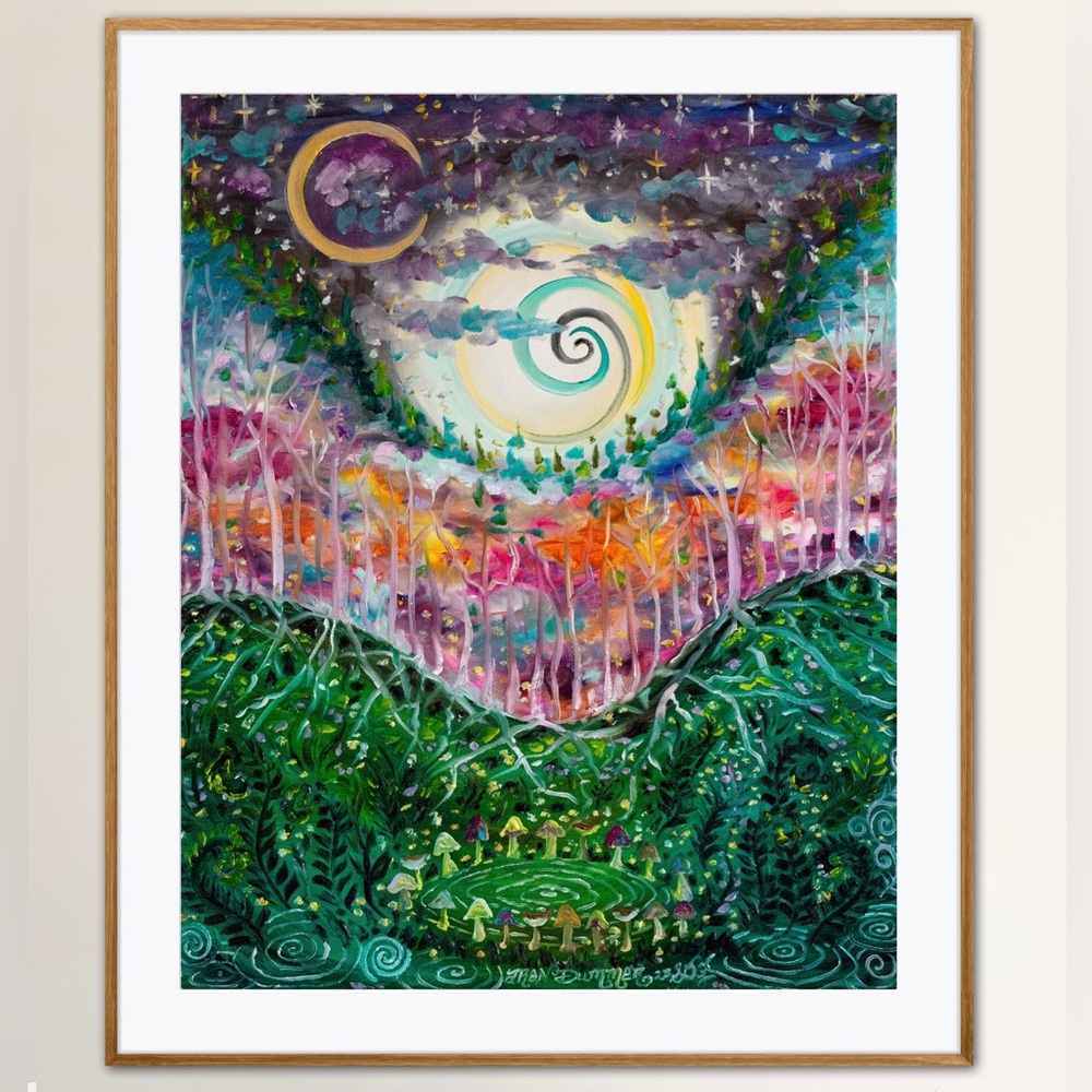 Fairy Ring Art Print Oil Painting fairytale fantasy mushrooms moon forest decor - Picture 1 of 7